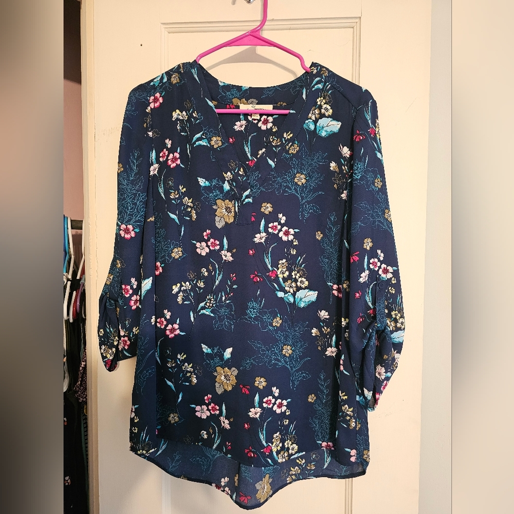 Blue and Pink Flutter Sleeve Blouse with Mandarin Collar